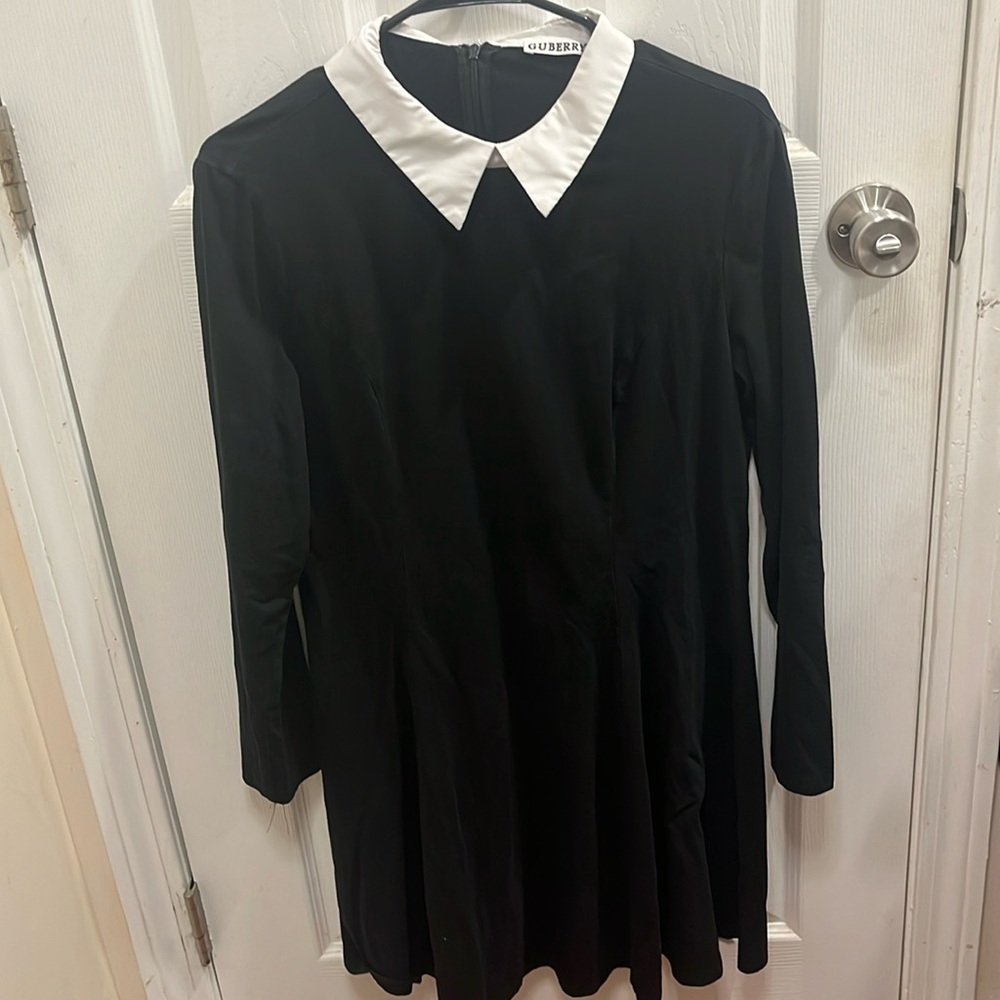Black long sleeve dress with white collar